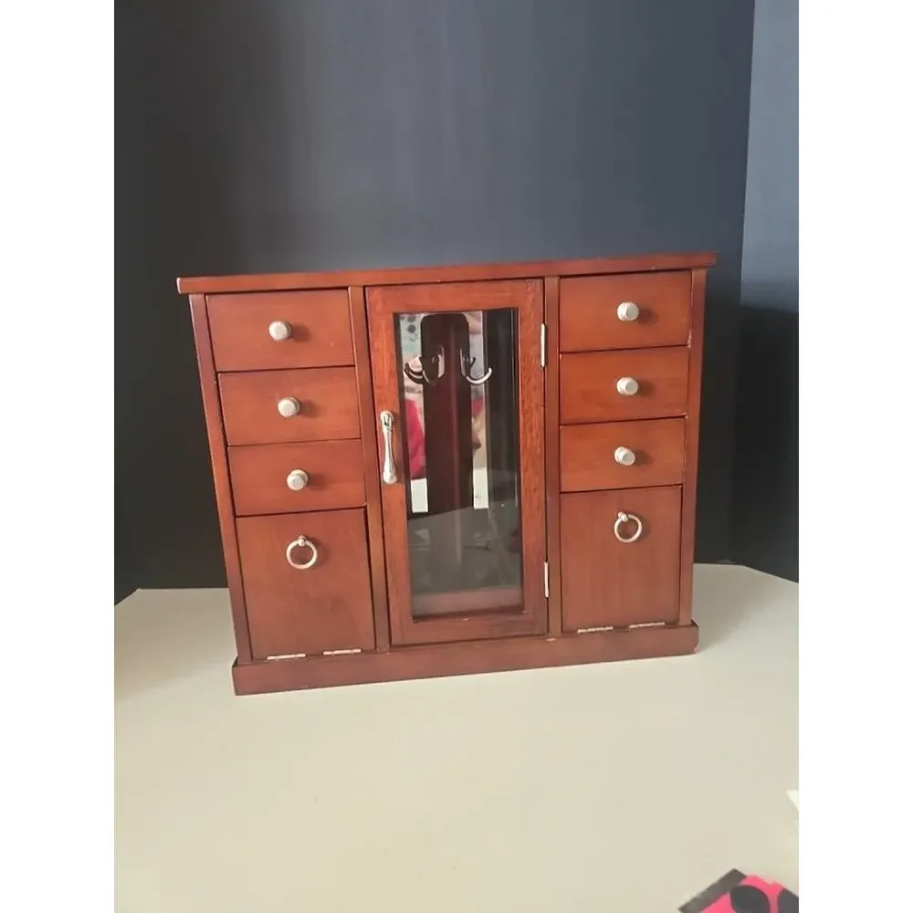 Brown Wooden Jewelry Box w/Mirror Necklace Hooks Drawers